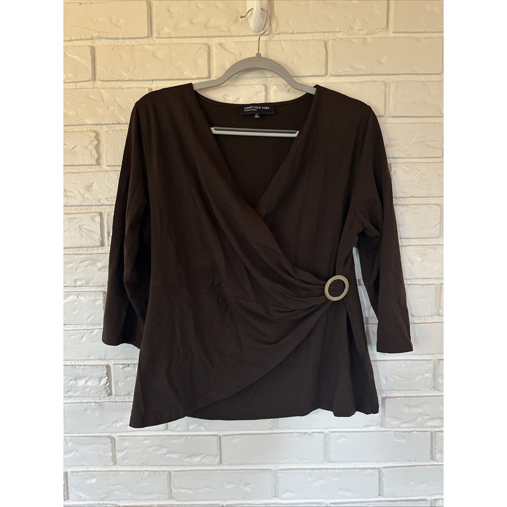 Jones New York Womens Large Brown Wrap Belt Fairfield Stretch Y2K Blouse